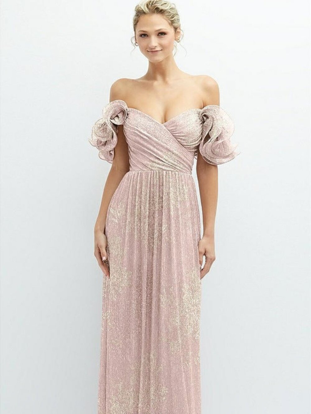 Dessy Collection 6883FP Metallic Pleated Gown – Pink Gold Foil – Size M/A